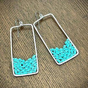 Hammered Silver Wire and Beaded Detail Long Dangle Earrings - Handmade